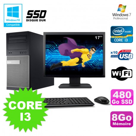 Lot PC Tour Dell 790 Core I3 3.1Ghz 8Go 480Go SSD DVD WIFI Win 7 + Ecran 17"