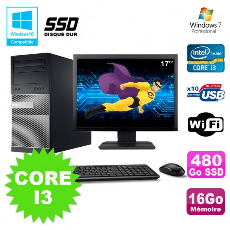 Lot PC Tour Dell 790 Core I3 3.1Ghz 16Go 480Go SSD DVD WIFI Win 7 + Ecran 17"