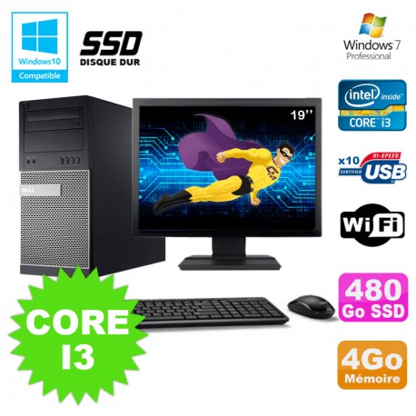 Lot PC Tour Dell 790 Core I3 3.1Ghz 4Go 480Go SSD DVD WIFI Win 7 + Ecran 19"