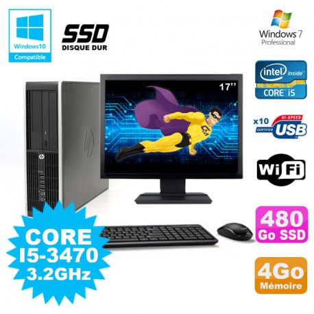 Lot PC HP Elite 8300 SFF I5-3470 3.2GHz 4Go 480Go SSD Graveur Wifi W7 + Ecran 17