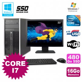 Lot PC Tour HP Elite 8200 Core I7 3,4Ghz 16Go 480Go SSD Graveur WIFI W7 + Ecran 22