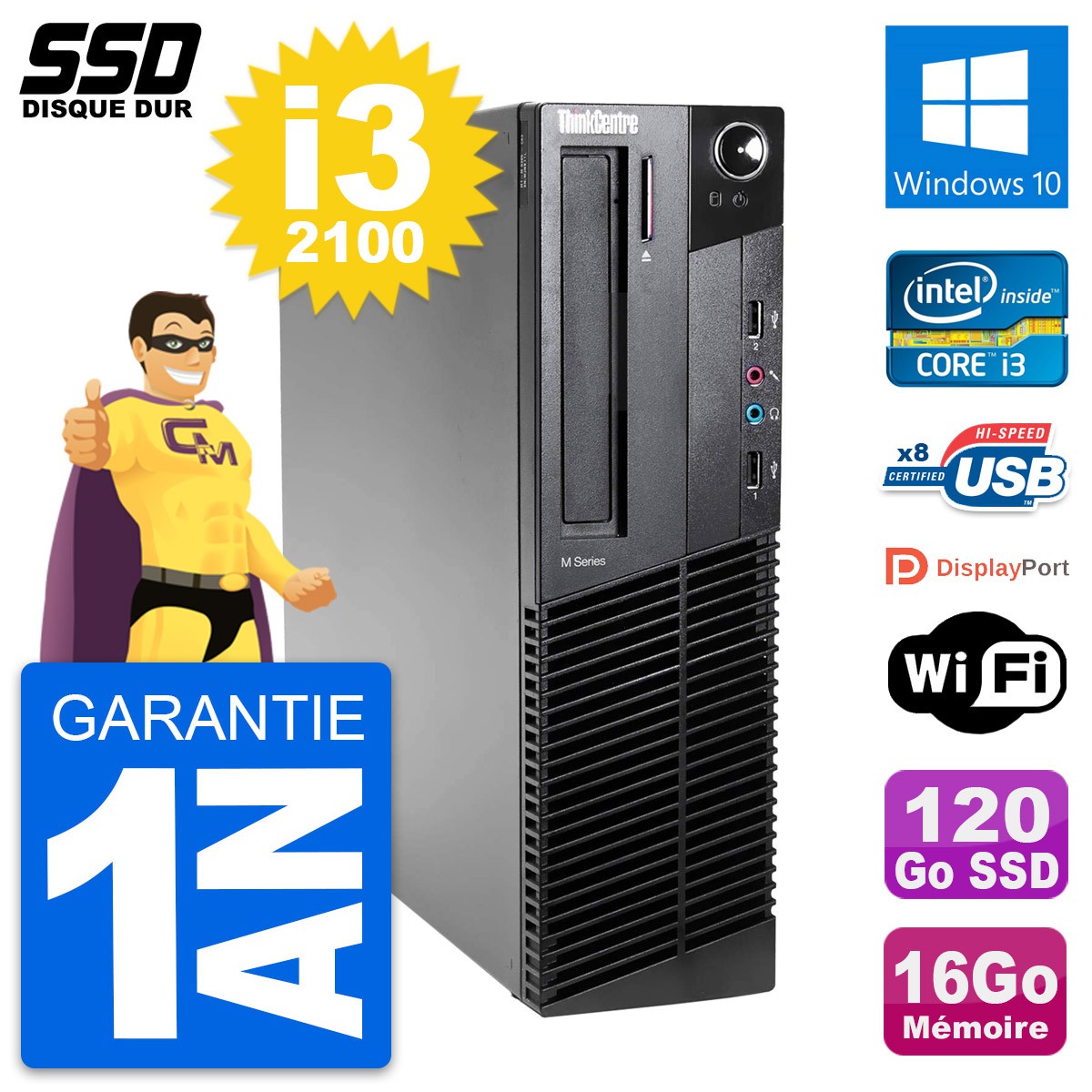 PC Lenovo M82 SFF Ecran 19 i5-2400 RAM 16Go SSD 120Go Graveur DVD Wifi W7