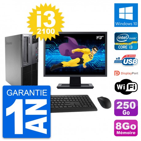 PC Lenovo M82 SFF Ecran 19" Intel i3-2100 RAM 8Go Disque 250Go Windows 10 Wifi