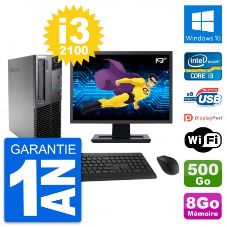 PC Lenovo M82 SFF Ecran 19" Intel i3-2100 RAM 8Go Disque 500Go Windows 10 Wifi