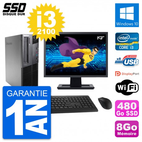 PC Lenovo M82 SFF Ecran 19" Intel Core i3-2100 RAM 8Go SSD 480Go Windows 10 Wifi