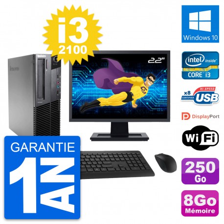 PC Lenovo M82 SFF Ecran 22" Intel i3-2100 RAM 8Go Disque 250Go Windows 10 Wifi