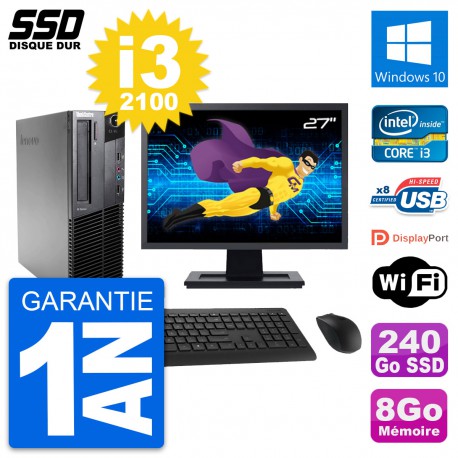 PC Lenovo M82 SFF Ecran 27" Intel Core i3-2100 RAM 8Go SSD 240Go Windows 10 Wifi