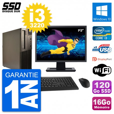 PC Lenovo M82 SFF Ecran 19" Intel i3-3220 RAM 16Go SSD 120Go Windows 10 Wifi