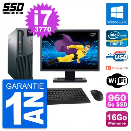 PC Lenovo M82 SFF Ecran 19" Intel i7-3770 RAM 16Go SSD 960Go Windows 10 Wifi