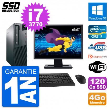 PC Lenovo M82 SFF Ecran 22" Intel Core i7-3770 RAM 4Go SSD 120Go Windows 10 Wifi