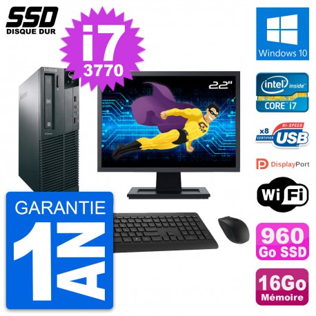 PC Lenovo M82 SFF Ecran 22" Intel i7-3770 RAM 16Go SSD 960Go Windows 10 Wifi