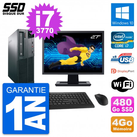 PC Lenovo M82 SFF Ecran 27" Intel Core i7-3770 RAM 4Go SSD 480Go Windows 10 Wifi