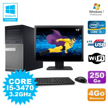 Lot PC Tour Dell 790 Intel I5-3470 3.2Ghz 4Go 250Go DVD WIFI Win 7 + Ecran 19"