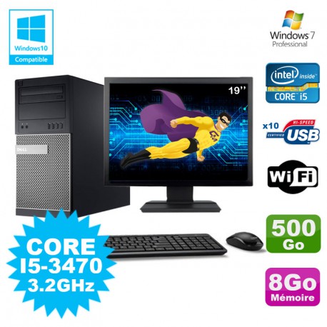 Lot PC Tour Dell 790 Intel I5-3470 3.2Ghz 8Go 500Go DVD WIFI Win 7 + Ecran 19"