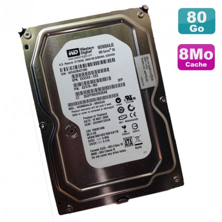 Disque Dur 80Go SATA 3.5" Western Digital CaviarBlue WD800AAJS-60WAA0 7200RPM 8Mo