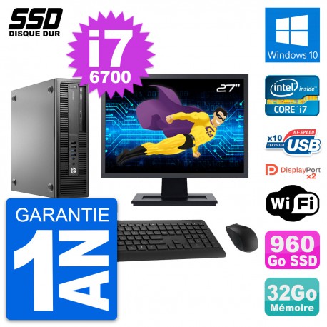 PC HP EliteDesk 800 G2 SFF Ecran 27" i7-6700 RAM 32Go SSD 960Go Windows 10 Wifi