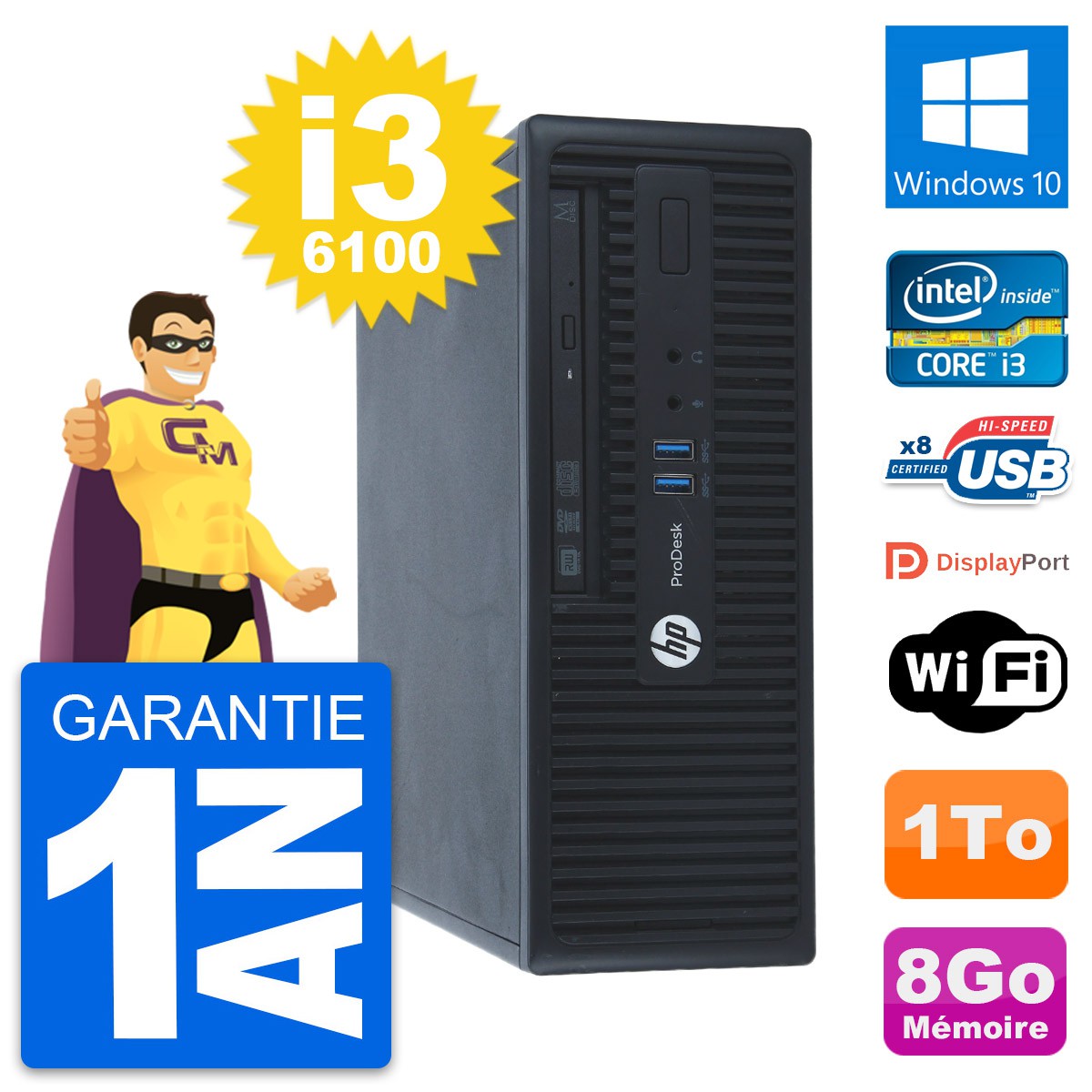 PC HP ProDesk 400 G3 SFF Intel i3-6100 RAM 8Go Disque Dur 1To