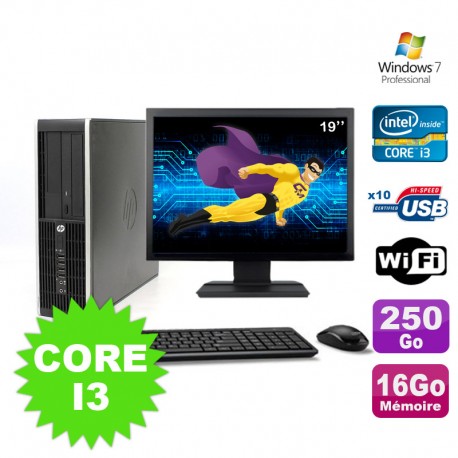 Lot PC HP Compaq Elite 8100 SFF Core I3-530 16Go 250Go DVD WIFI W7 + Ecran 19"