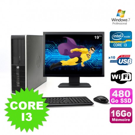 Lot PC HP Compaq Elite 8100 SFF Core I3-530 16Go 480Go SSD DVD WIFI W7 +Ecran 19"