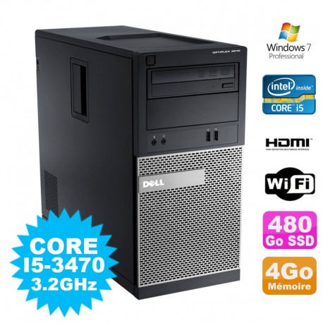 PC Tour DELL Optiplex 3010 MT Intel I5-3470 Graveur 4Go 480Go SSD HDMI Wifi W7