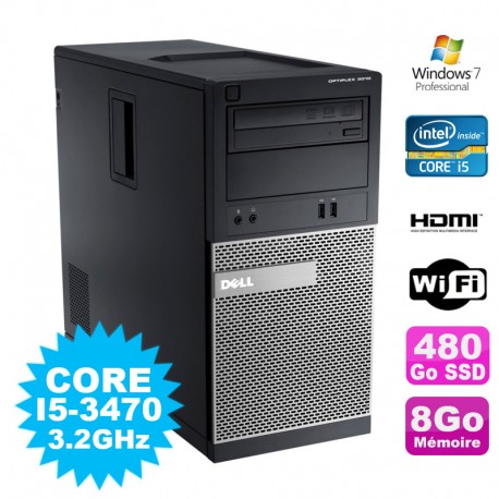 PC Tour DELL Optiplex 3010 MT Intel I5-3470 Graveur 8Go 480Go SSD HDMI Wifi W7