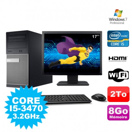 Lot PC Tour DELL 3010 MT I5-3470 Graveur 8Go 2To HDMI Wifi W7 + Ecran 19"