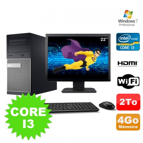 Lot PC Tour DELL 3010 MT I3-2120 Graveur 4Go 2To HDMI Wifi W7 + Ecran 22"