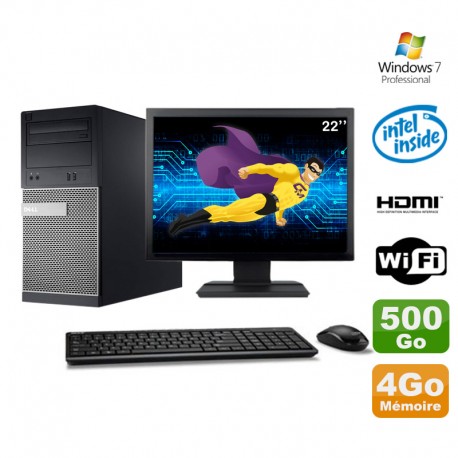 Lot PC Tour DELL 3010 MT G2020 Graveur 4Go 500Go HDMI Wifi W7 + Ecran 22"