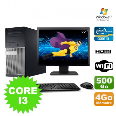 Lot PC Tour DELL 3010 MT I3-2120 Graveur 4Go 500Go HDMI Wifi W7 + Ecran 22"