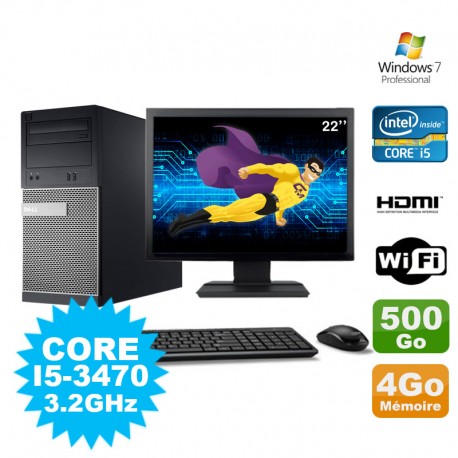 Lot PC Tour DELL 3010 MT I5-3470 Graveur 4Go 500Go HDMI Wifi W7 + Ecran 22"