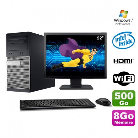 Lot PC Tour DELL 3010 MT G2020 Graveur 8Go 500Go HDMI Wifi W7 + Ecran 22"