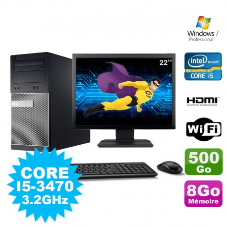 Lot PC Tour DELL 3010 MT I5-3470 Graveur 8Go 500Go HDMI Wifi W7 + Ecran 22"