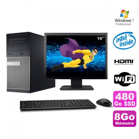 Lot PC Tour DELL 3010 MT G2020 Graveur 8Go 480Go SSD HDMI Wifi W7 + Ecran 19"