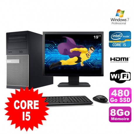 Lot PC Tour DELL 3010 MT I5-2400 Graveur 8Go 480Go SSD HDMI Wifi W7 + Ecran 19"