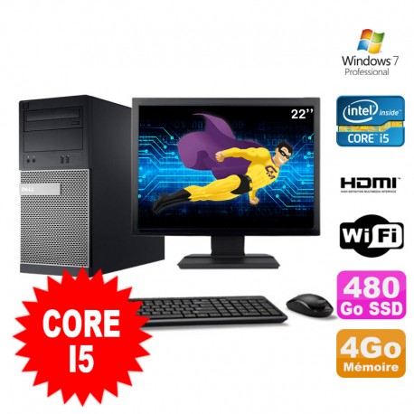 Lot PC Tour DELL 3010 MT I5-2400 Graveur 4Go 480Go SSD HDMI Wifi W7 + Ecran 22"