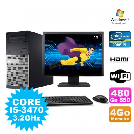 Lot PC Tour DELL 3010 MT I5-3470 Graveur 4Go 480Go SSD HDMI Wifi W7 + Ecran 19"