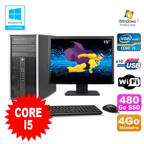 Lot PC Tour HP 8200 Core I5 3.1Ghz 4Go 480Go SSD Graveur WIFI W7 + Ecran 19