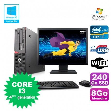 Lot PC Fujitsu E720 E85+ I3-4130 3.4GHz 8Go 240Go Graveur WIFI W7 + Ecran 22"