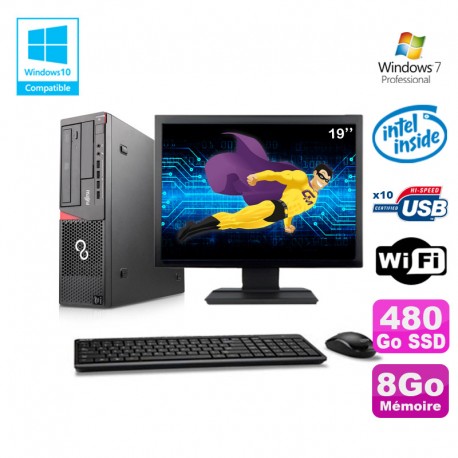 Lot PC Fujitsu E720 E85+ G3220 3GHz 8Go 480Go Graveur WIFI W7 + Ecran 19"