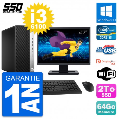 PC Tour HP EliteDesk 800 G3 Ecran 27" i3-6100 RAM 64Go SSD 2To Windows 10 Wifi