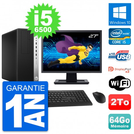 PC Tour HP 800 G3 Ecran 27" Intel i5-6500 RAM 64Go Disque 2To Windows 10 Wifi