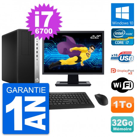 PC Tour HP 800 G3 Ecran 22" Intel i7-6700 RAM 32Go Disque 1To Windows 10 Wifi