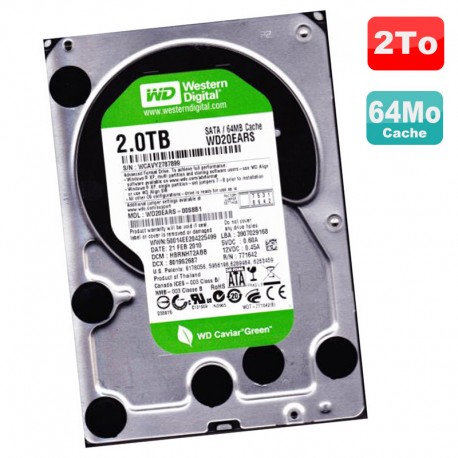 Disque Dur 2To SATA III 3.5" WD Caviar Green WD20EARS-00S8B1 7200RPM 64Mo