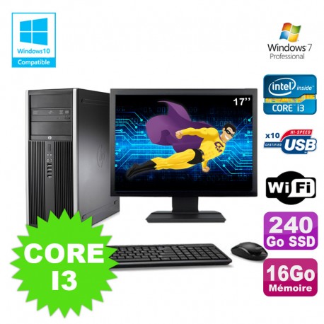 Lot PC Tour HP 8200 Core I3-2120 16Go 240Go SSD Graveur WIFI W7 + Ecran 17