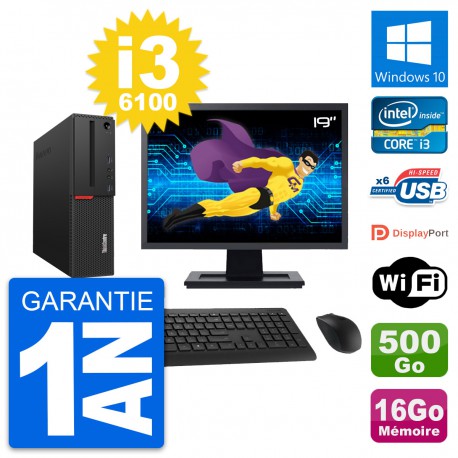 PC Lenovo M700 SFF Ecran 19" i3-6100 RAM 16Go Disque Dur 500Go Windows 10 Wifi