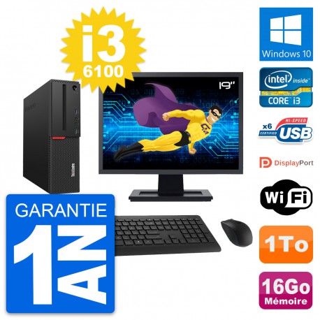 PC Lenovo M700 SFF Ecran 19" Intel i3-6100 RAM 16Go Disque 1To Windows 10 Wifi