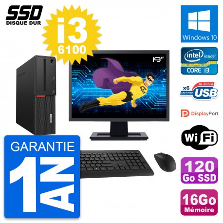 PC Lenovo M700 SFF Ecran 19" Intel i3-6100 RAM 16Go SSD 120Go Windows 10 Wifi