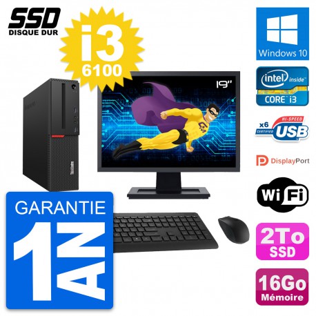 PC Lenovo M700 SFF Ecran 19" Intel Core i3-6100 RAM 16Go SSD 2To Windows 10 Wifi