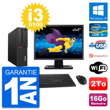 PC Lenovo M700 SFF Ecran 22" Intel i3-6100 RAM 16Go Disque 2To Windows 10 Wifi