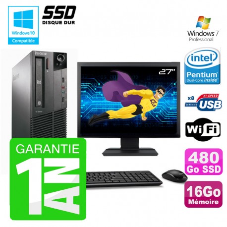 PC Lenovo M91p SFF Intel G630 16Go Disque 480Go SSD Graveur Wifi W7 Ecran 27"